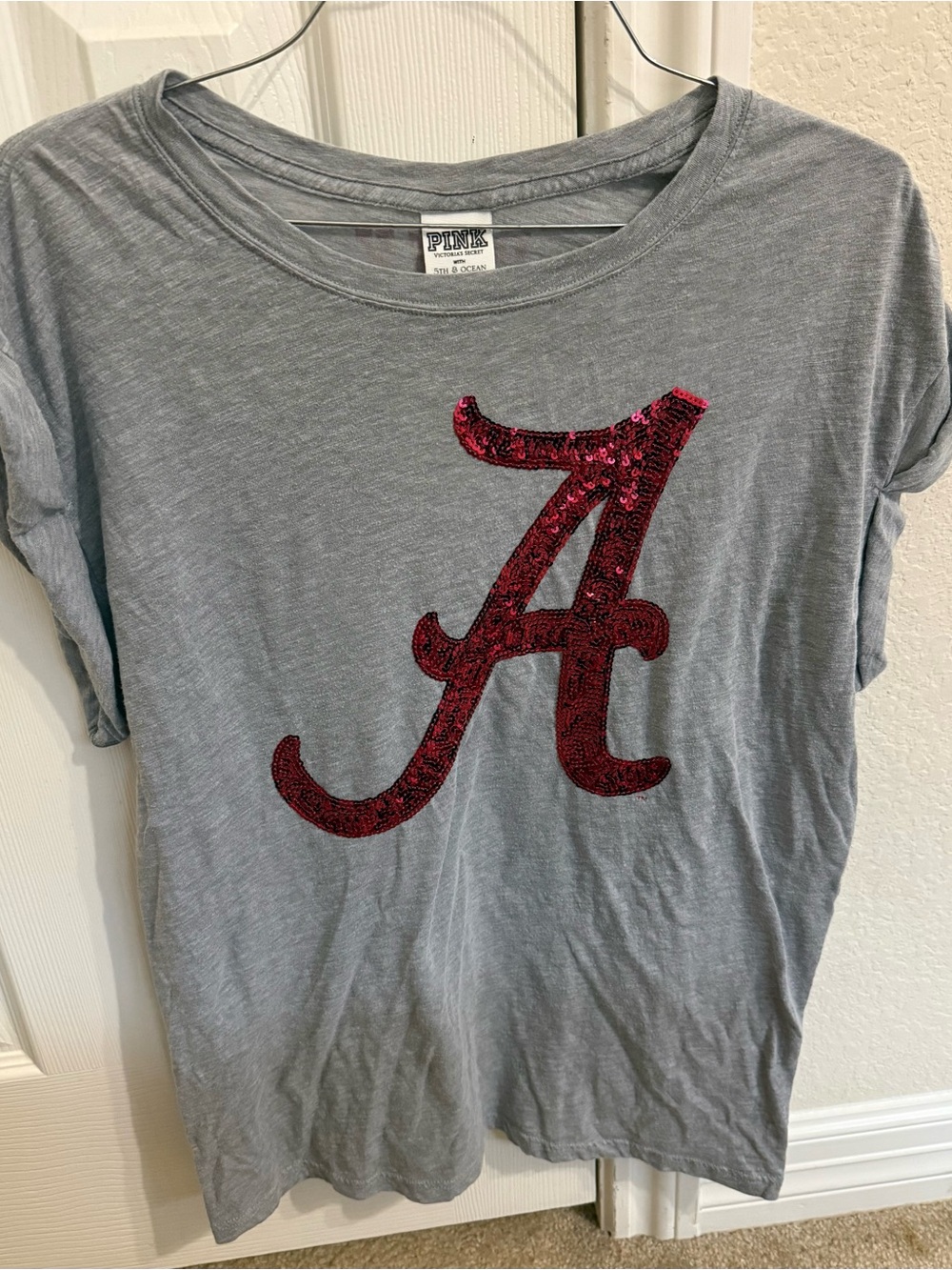PINK Victoria's Secret Gray Sequin 'A' Short Sleeve Top Alabama Crimson Tide